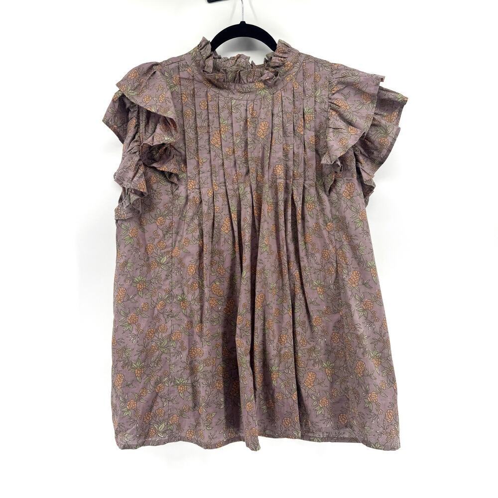 Victoria Dunn Jameson Ruffle Blouse Sz 2XL Floral Pleated Cotton Top Block Print